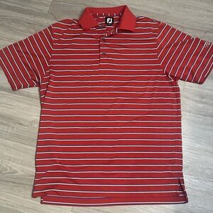 Footjoy FJ Red White Striped Logo Short Sleeve Golf Polo Shirt Mens Medium